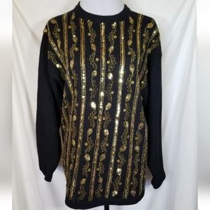 Victoria Harbour Black Gold Sequin Stripe Sweater Women's Size Large Leaves